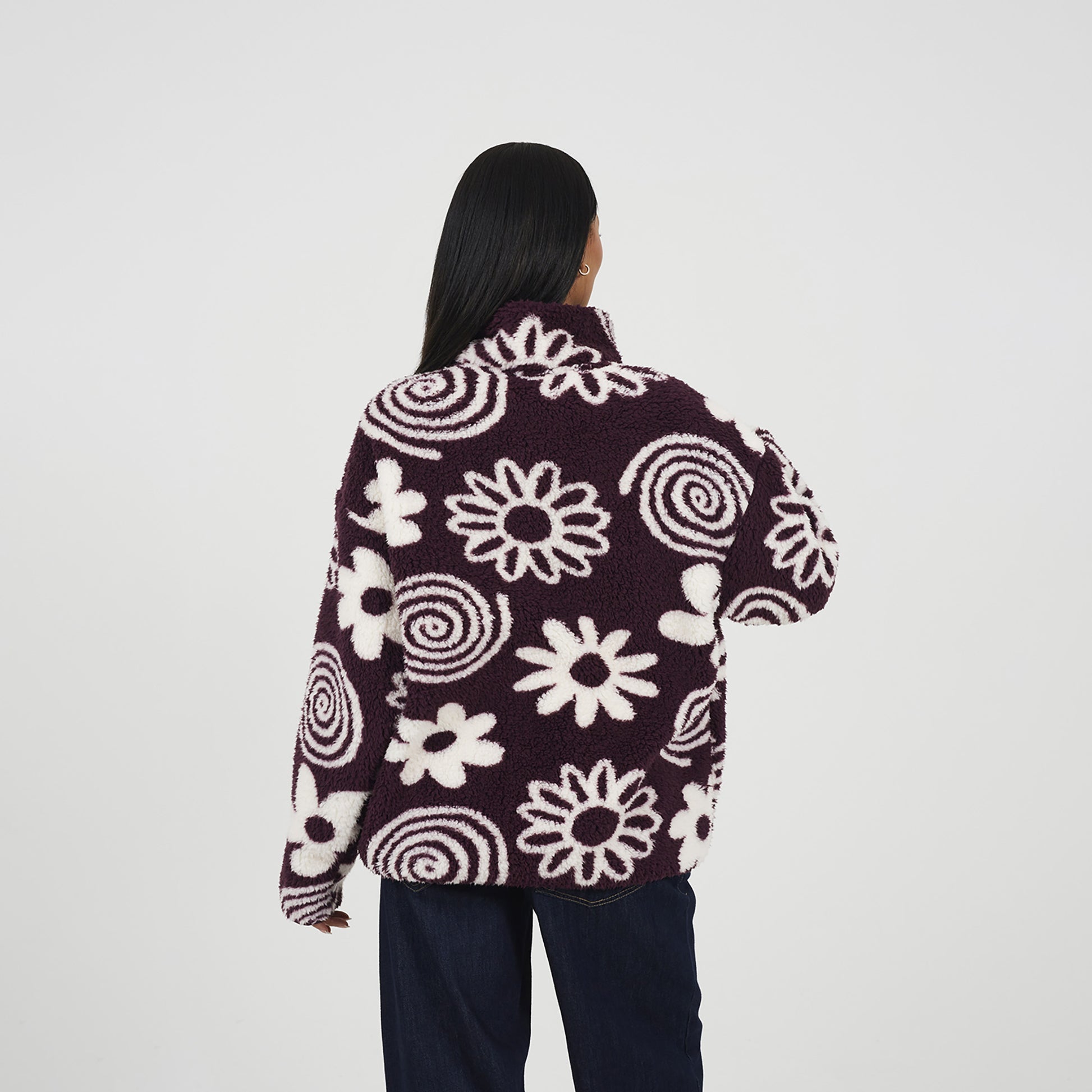 Brave Soul Burgundy Quarter Zip Flower Print Sherpa Fleece - Burgundy Image 2