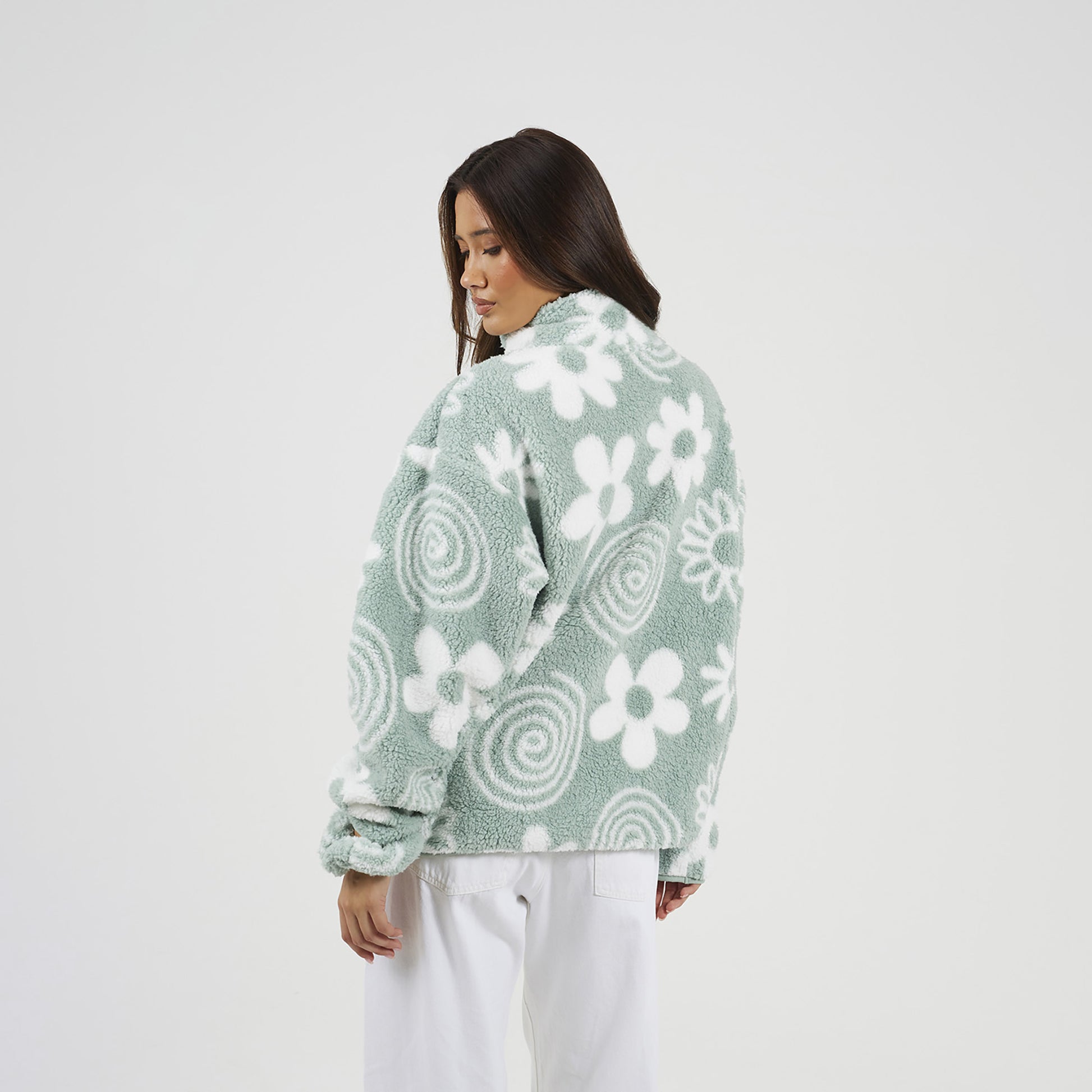 Brave Soul Mint Quarter Zip Flower Print Sherpa Fleece - Mint Image 2