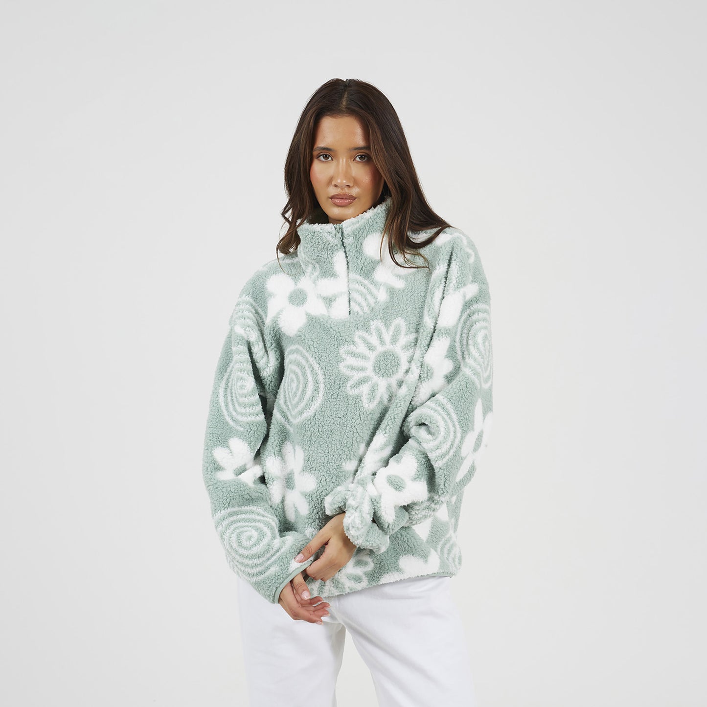 Brave Soul Mint Quarter Zip Flower Print Sherpa Fleece - Mint Image 1