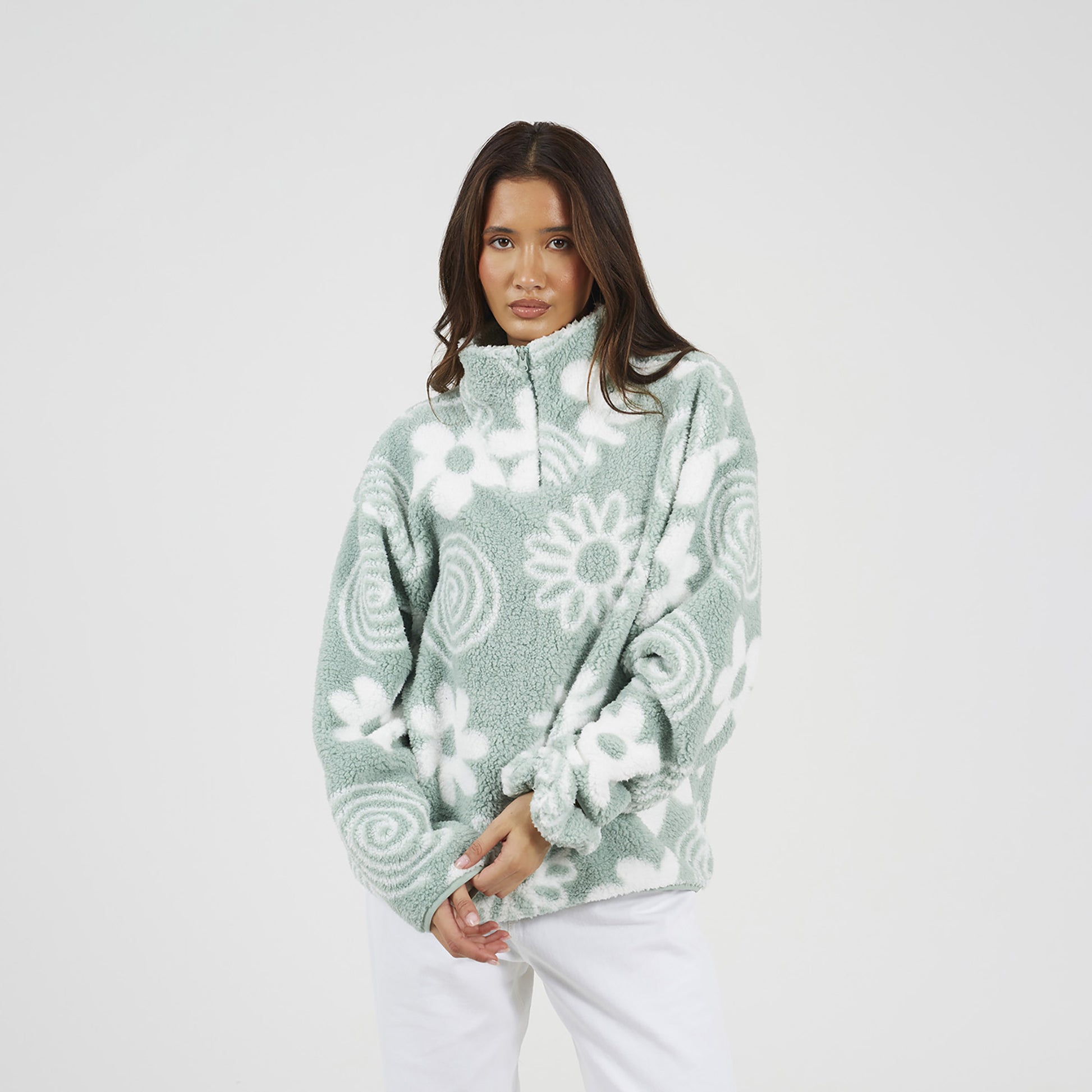 Brave Soul Mint Quarter Zip Flower Print Sherpa Fleece - Mint Image 1