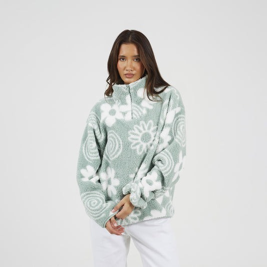 Brave Soul Mint Quarter Zip Flower Print Sherpa Fleece - Mint Image 1