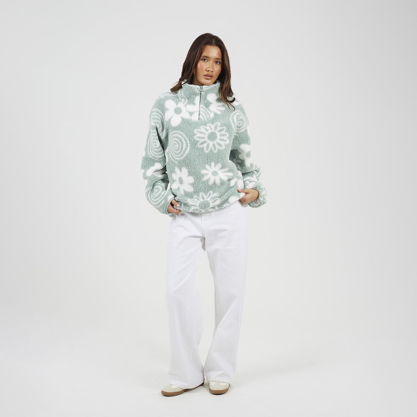 Brave Soul Mint Quarter Zip Flower Print Sherpa Fleece - Mint Image 3