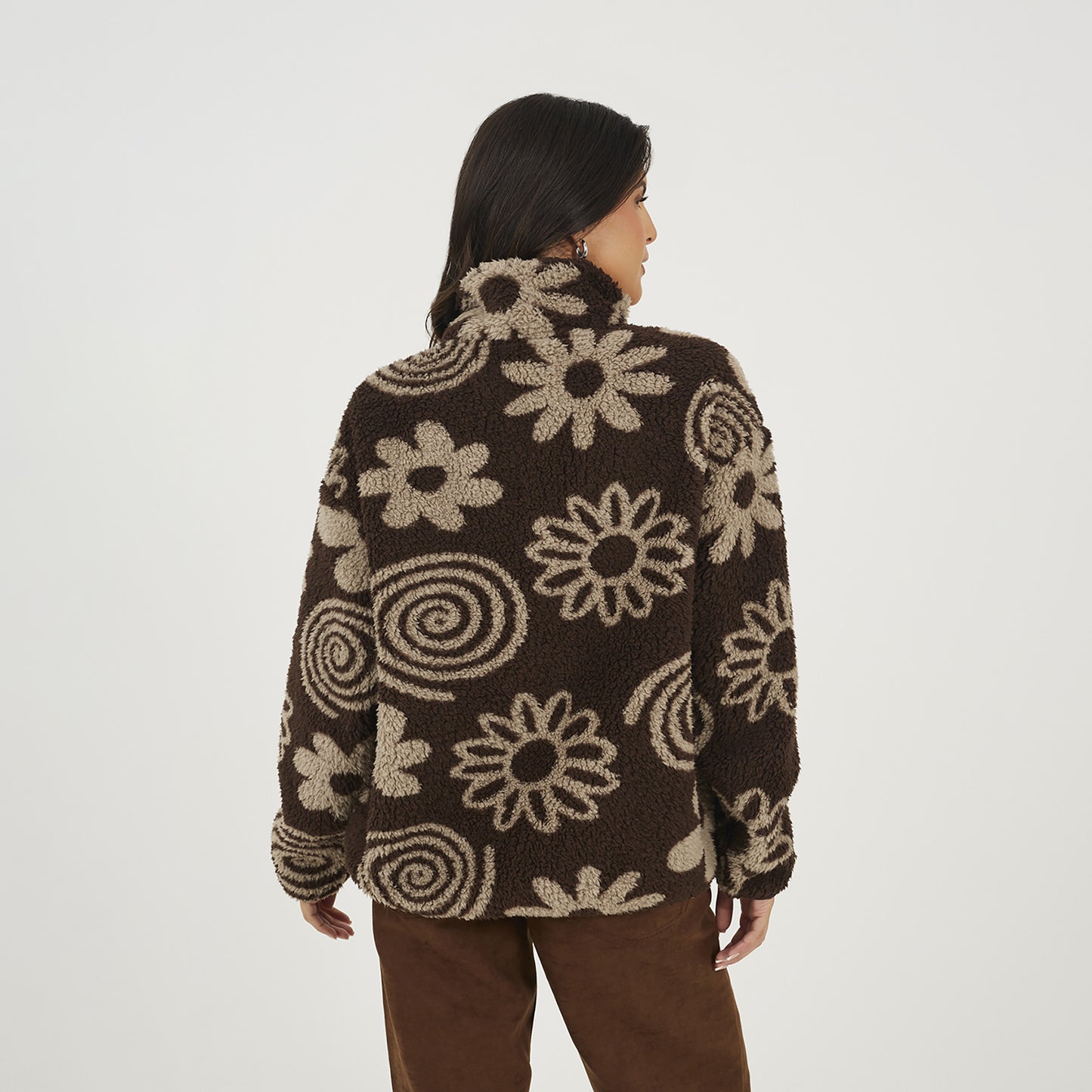 Brave Soul Chocolate Quarter Zip Flower Print Sherpa Fleece - Chocolate Image 2