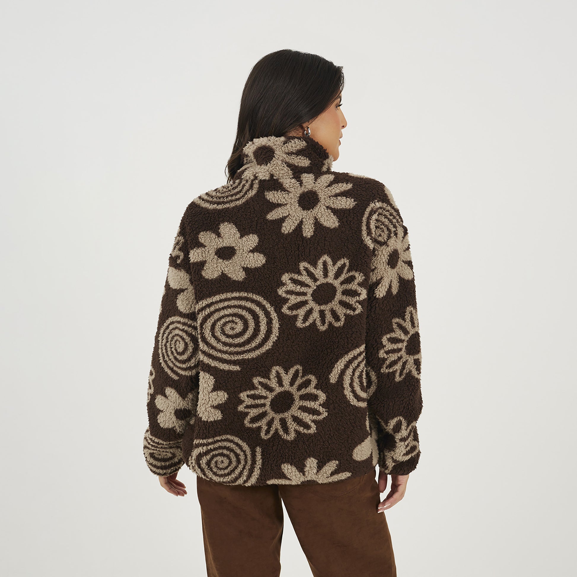 Brave Soul Chocolate Quarter Zip Flower Print Sherpa Fleece - Chocolate Image 2