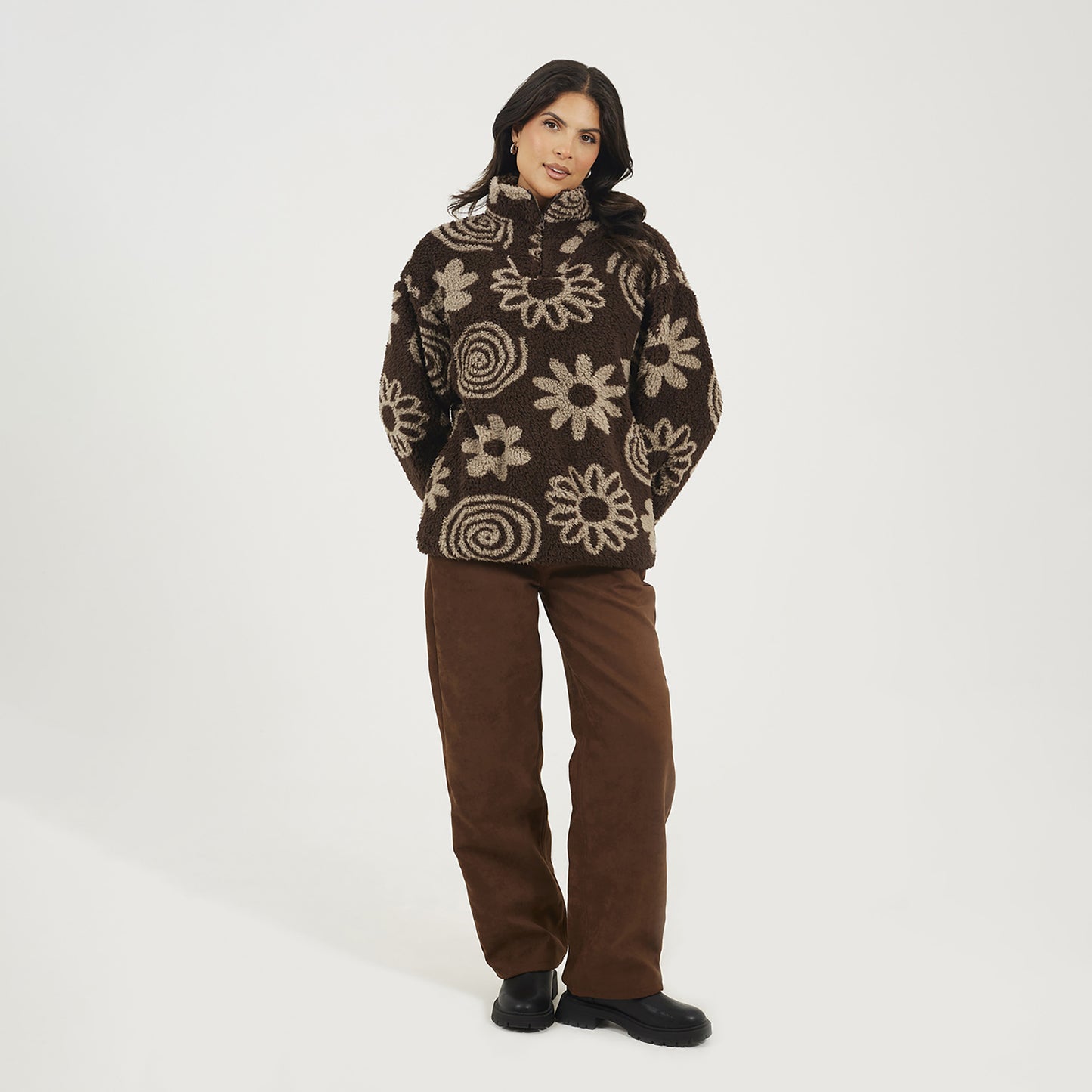 Brave Soul Chocolate Quarter Zip Flower Print Sherpa Fleece - Chocolate Image 3