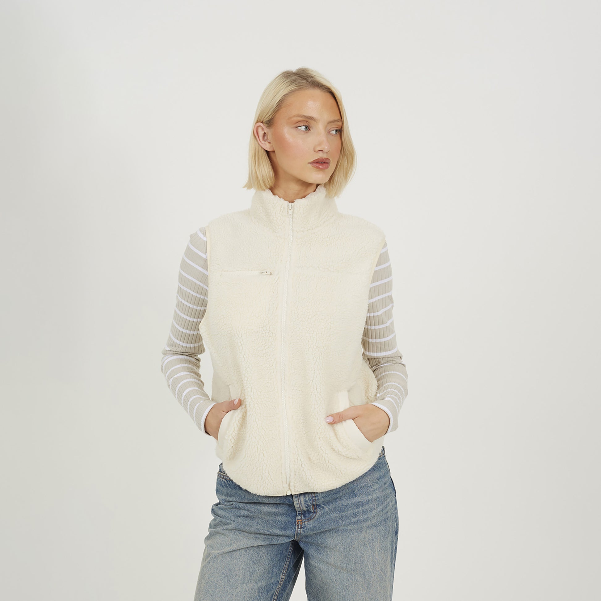 Brave Soul Cream Zip Through Fleece Gilet - Cream Image 1
