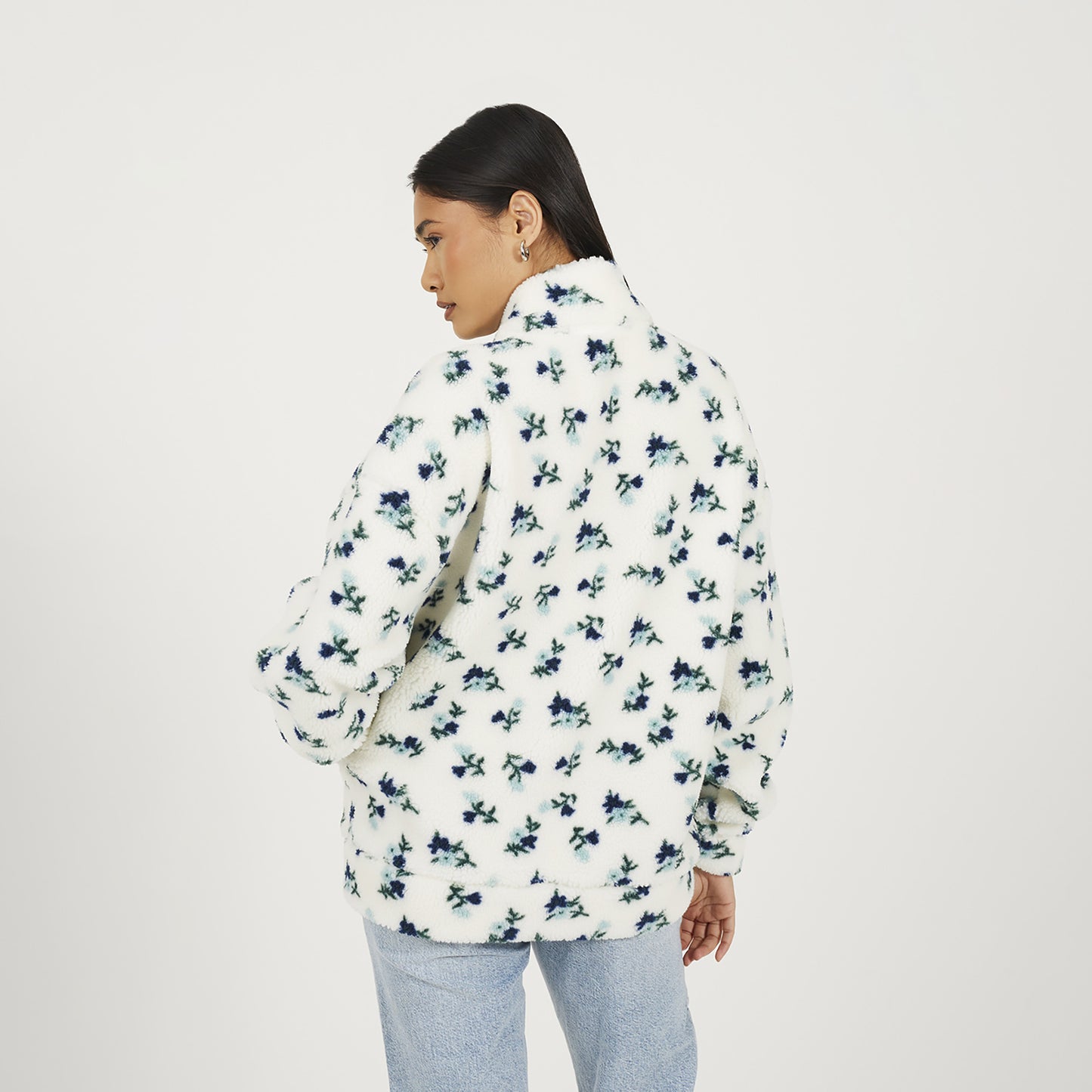 Brave Soul Cream Floral Print Zip Through Sherpa Fleece With Matching Scrunchie - Cream Image 2