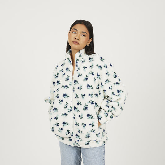 Brave Soul Cream Floral Print Zip Through Sherpa Fleece With Matching Scrunchie - Cream Image 1