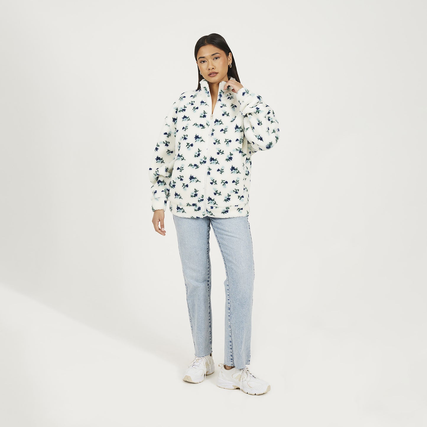 Brave Soul Cream Floral Print Zip Through Sherpa Fleece With Matching Scrunchie - Cream Image 3