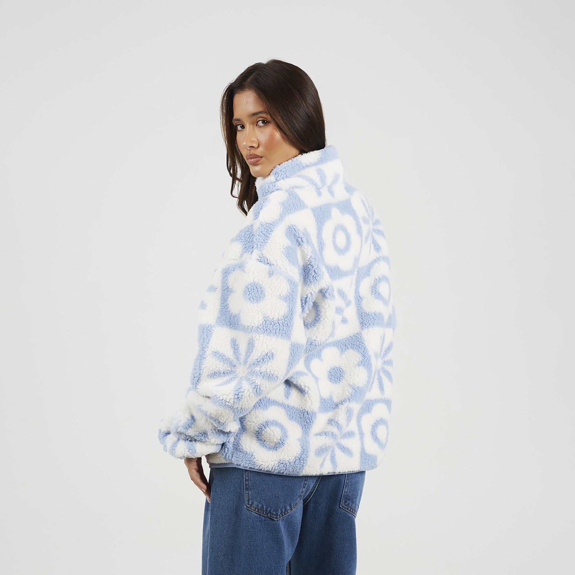 Brave Soul Baby Blue Graphic Flower Print Zip Through Sherpa Fleece - Baby Blue Image 2