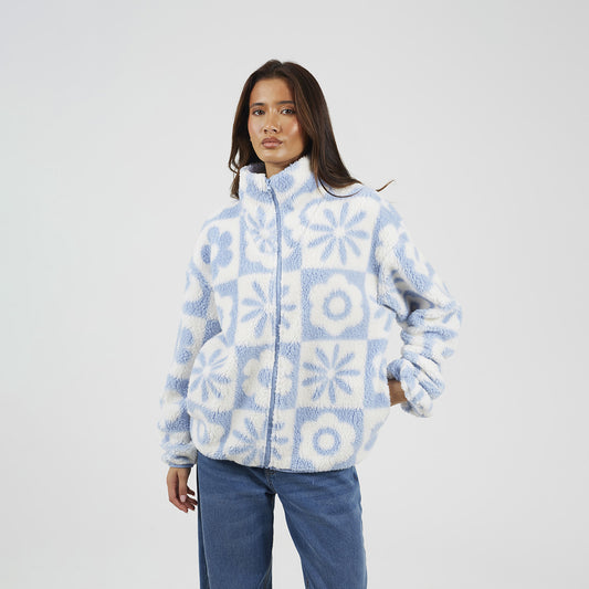 Brave Soul Baby Blue Graphic Flower Print Zip Through Sherpa Fleece - Baby Blue Image 1
