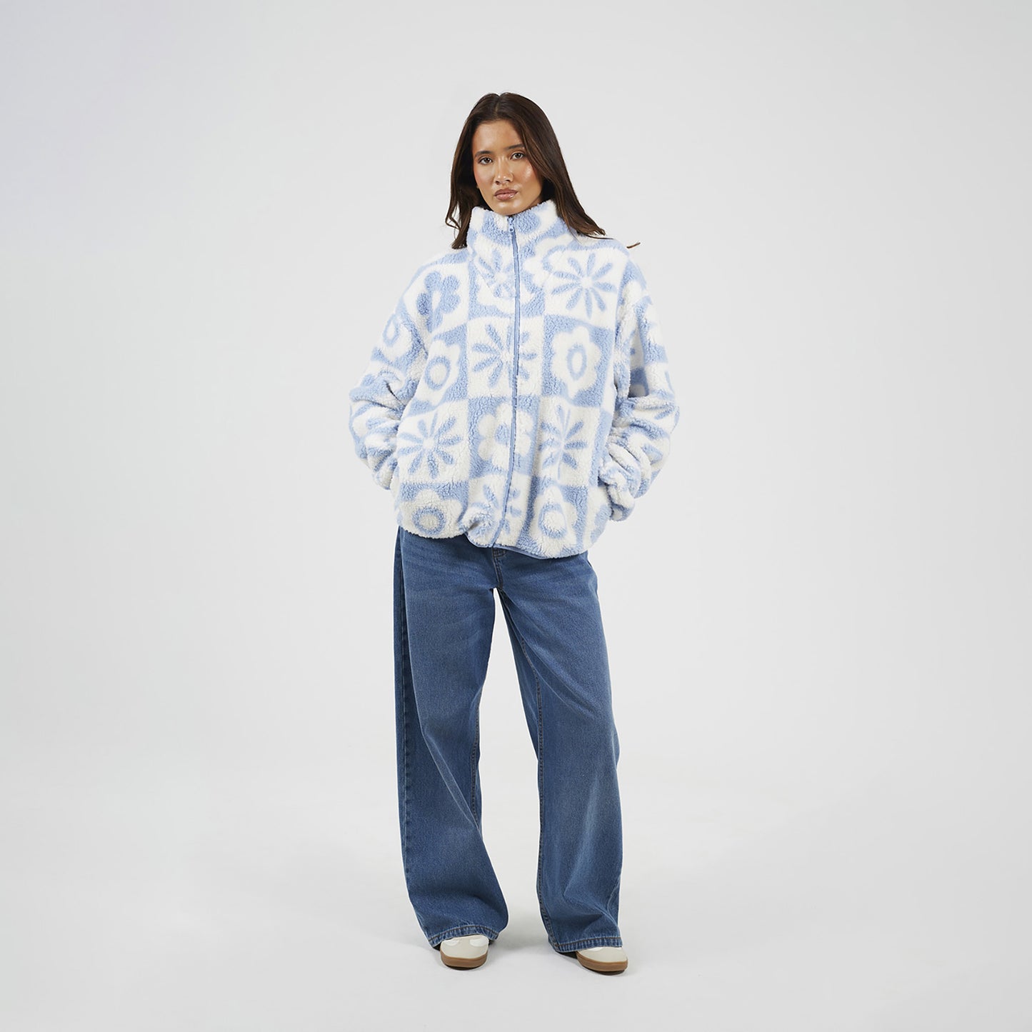 Brave Soul Baby Blue Graphic Flower Print Zip Through Sherpa Fleece - Baby Blue Image 3