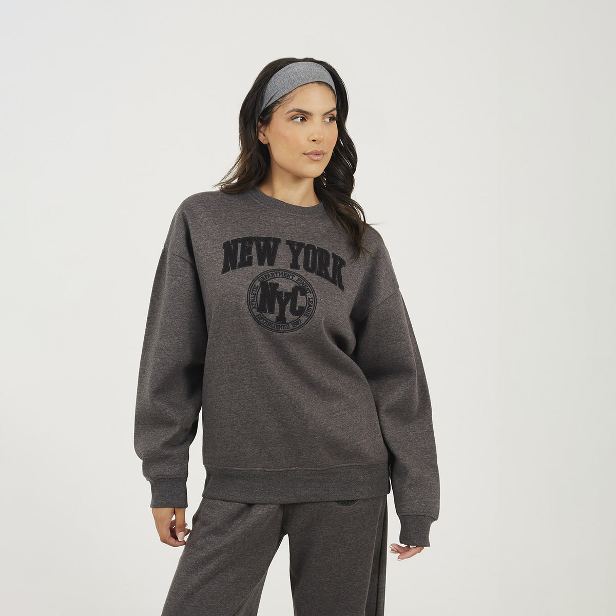 Brave Soul Charcoal Crew Neck Embroidered Sweatshirt - Charcoal Image 1
