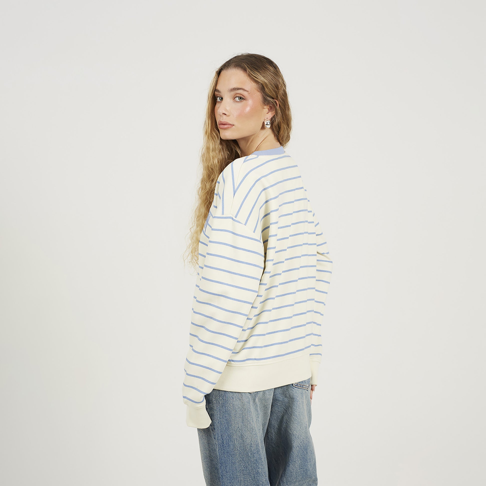 Brave Soul Cream Stripe Embroidered Crew Neck Sweatshirt - Cream Image 2