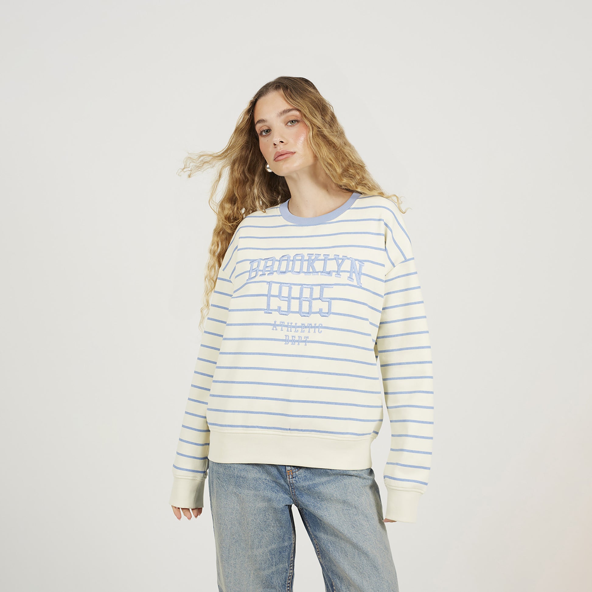 Brave Soul Cream Stripe Embroidered Crew Neck Sweatshirt - Cream Image 1