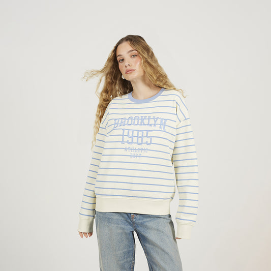 Brave Soul Cream Stripe Embroidered Crew Neck Sweatshirt - Cream Image 1