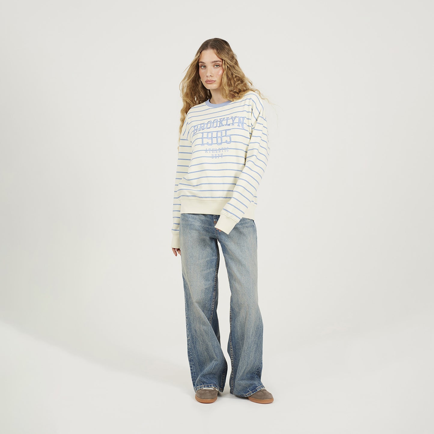 Brave Soul Cream Stripe Embroidered Crew Neck Sweatshirt - Cream Image 3