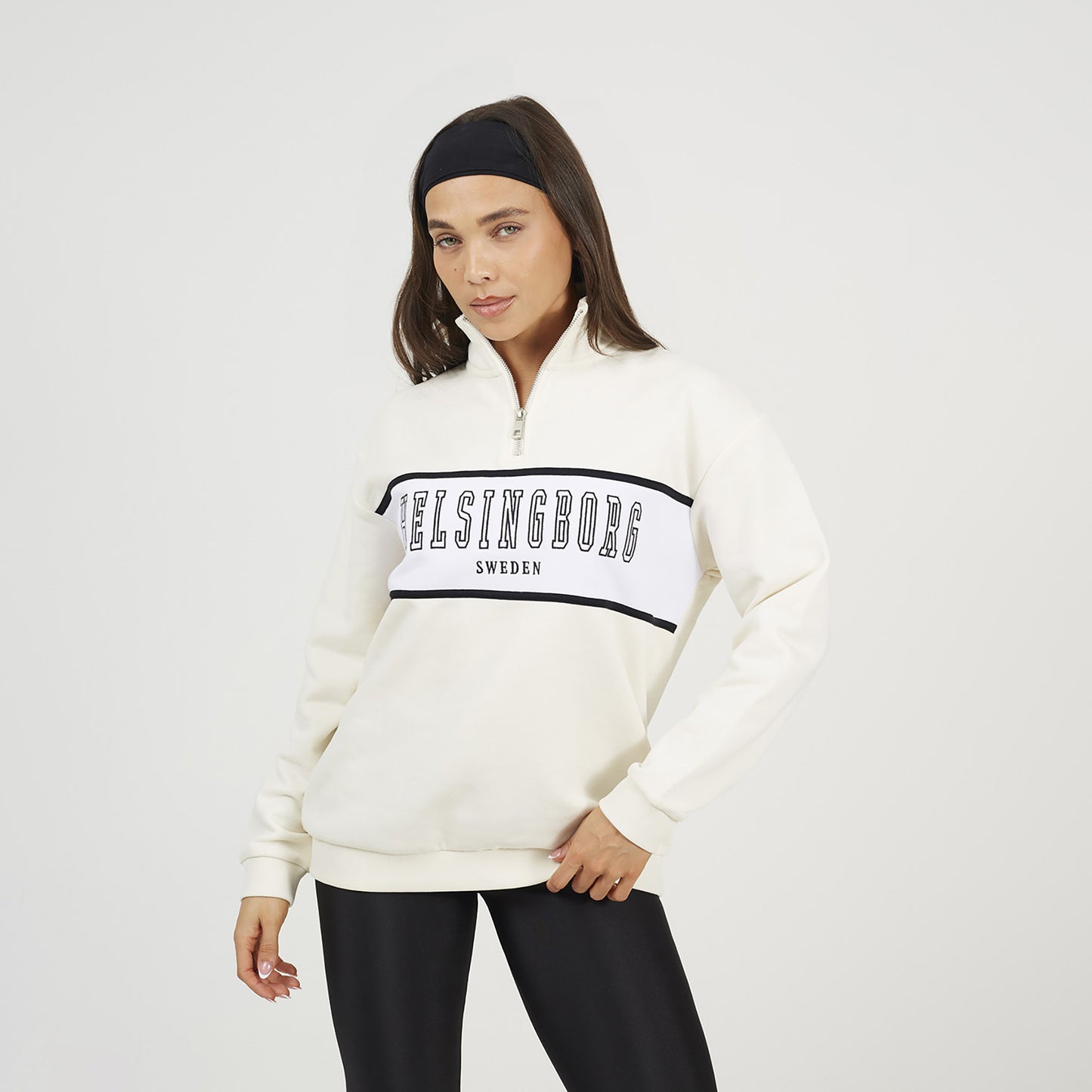Brave Soul Cream Funnel Neck Quarter Zip Sweatshirt With Embroidery - Cream Image 1