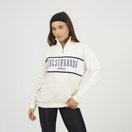 Brave Soul Cream Funnel Neck Quarter Zip Sweatshirt With Embroidery - Cream Image 1