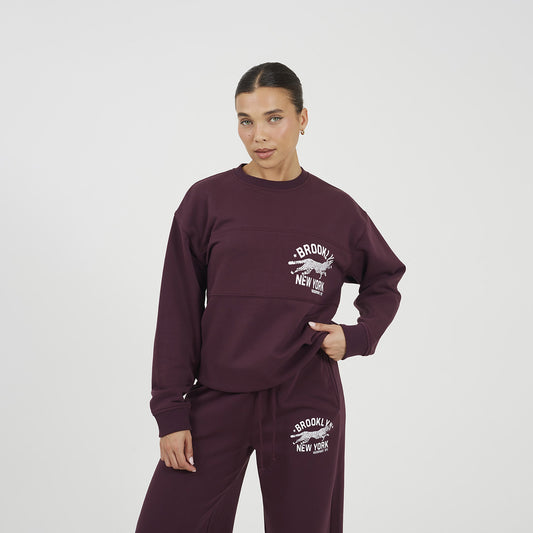 Brave Soul Burgundy Contrast Stripe Panel Crew Neck Sweatshirt - Burgundy Image 1