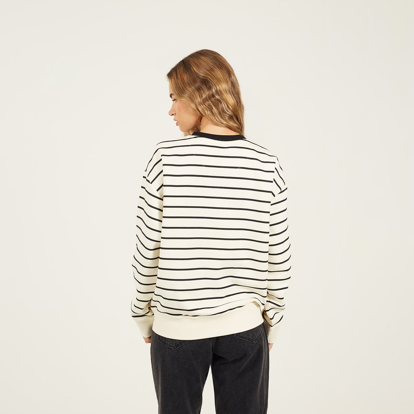 Brave Soul Cream Classic Stripe Crew Neck Sweatshirt - Cream Image 2