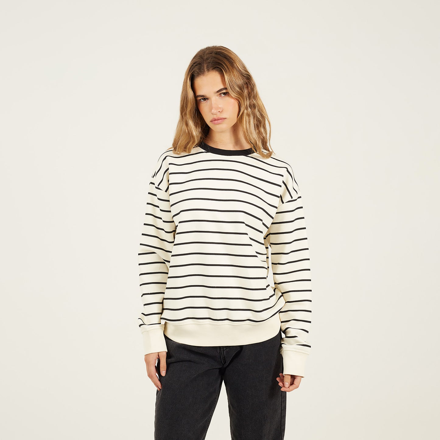 Brave Soul Cream Classic Stripe Crew Neck Sweatshirt - Cream Image 1