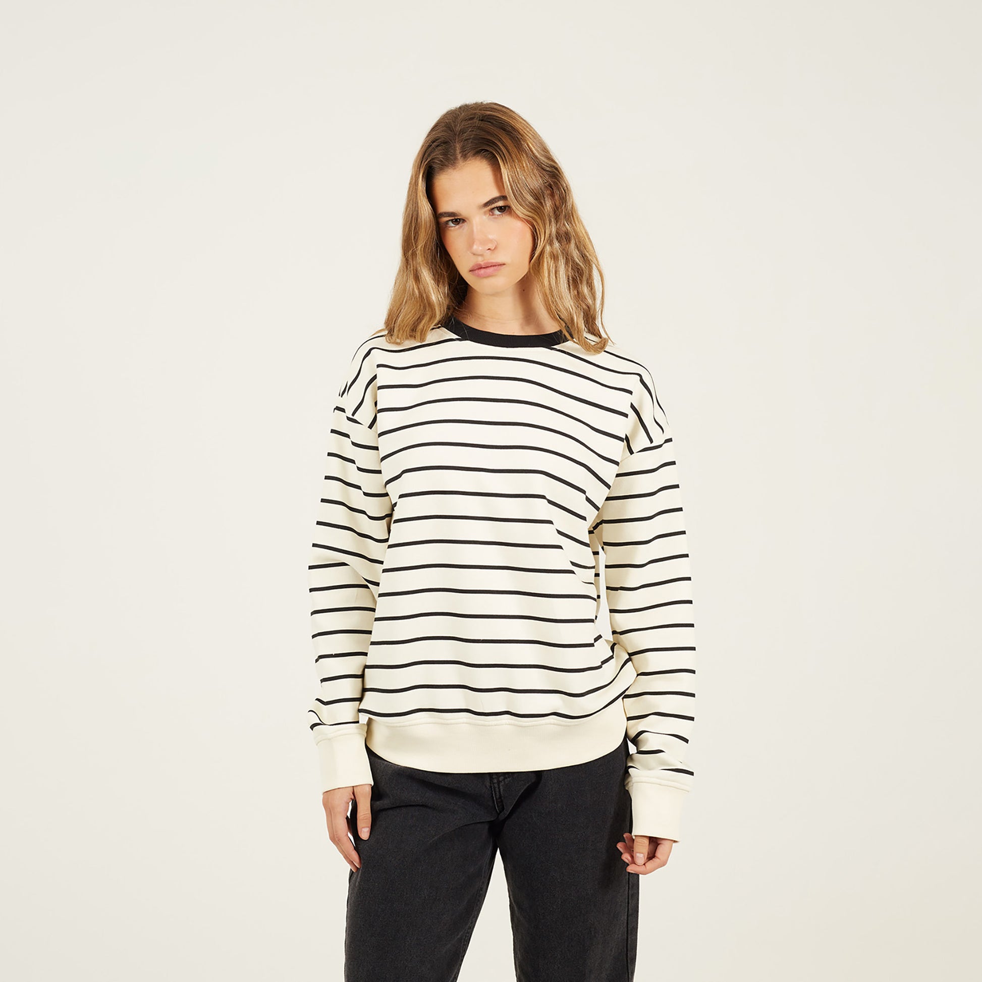 Brave Soul Cream Classic Stripe Crew Neck Sweatshirt - Cream Image 1
