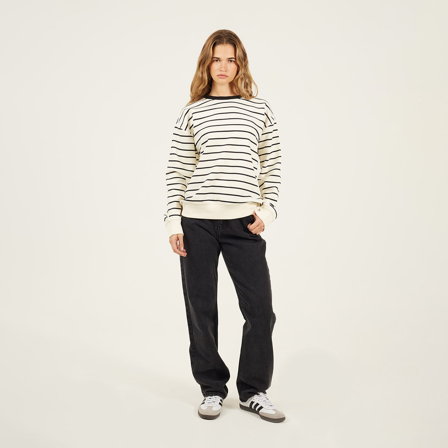 Brave Soul Cream Classic Stripe Crew Neck Sweatshirt - Cream Image 3