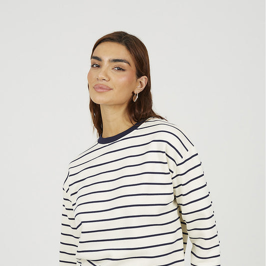 Brave Soul Navy Classic Stripe Crew Neck Sweatshirt - Navy Image 1
