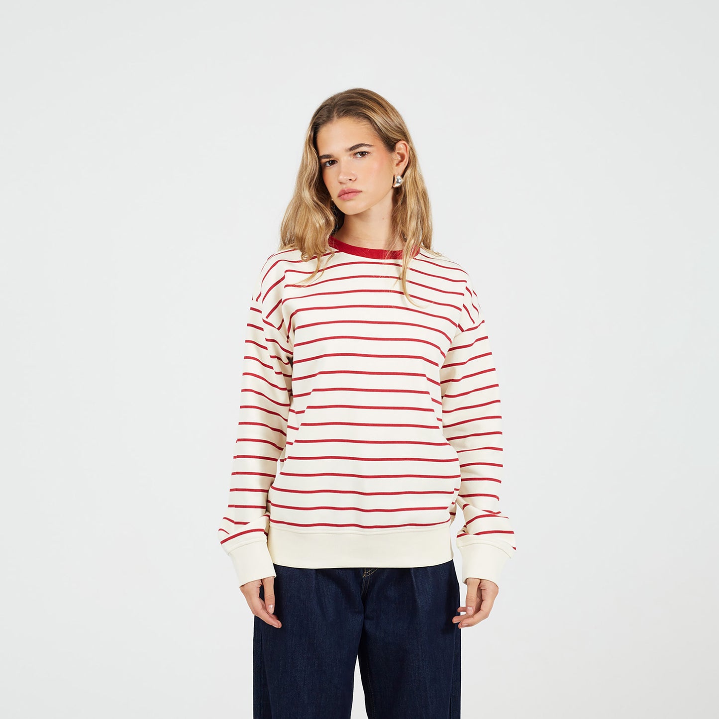 Brave Soul Red Classic Stripe Crew Neck Sweatshirt - Red Image 1