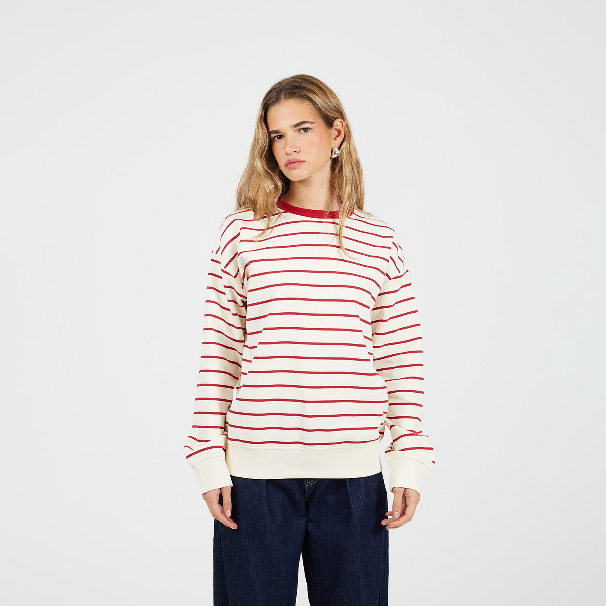 Brave Soul Red Classic Stripe Crew Neck Sweatshirt - Red Image 1