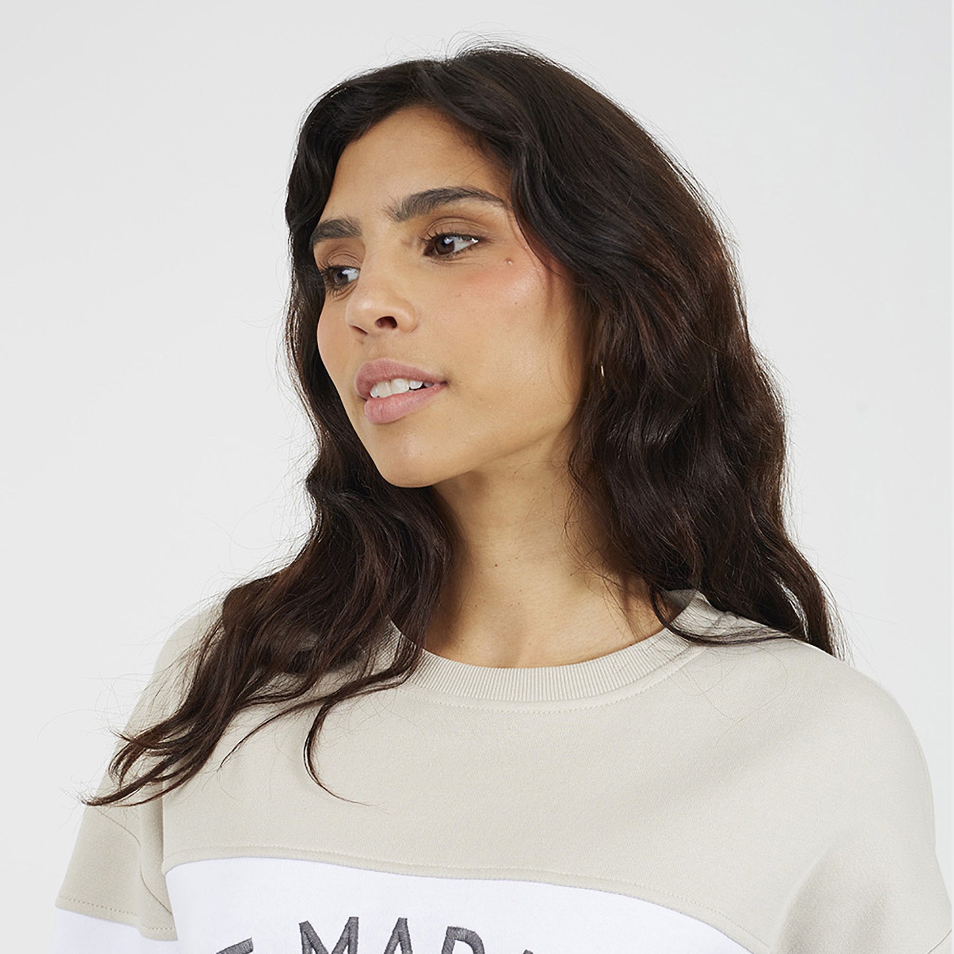 Brave Soul Stone Contrast Stripe Panel Crew Neck Sweatshirt - Stone Image 4
