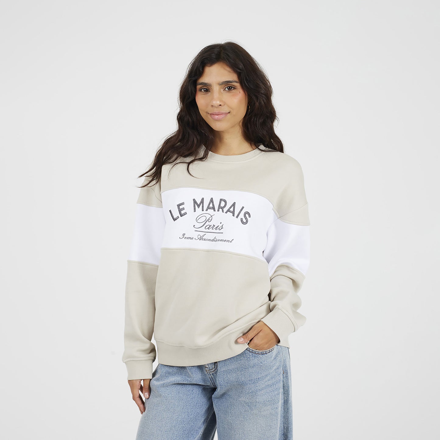 Brave Soul Stone Contrast Stripe Panel Crew Neck Sweatshirt - Stone Image 1