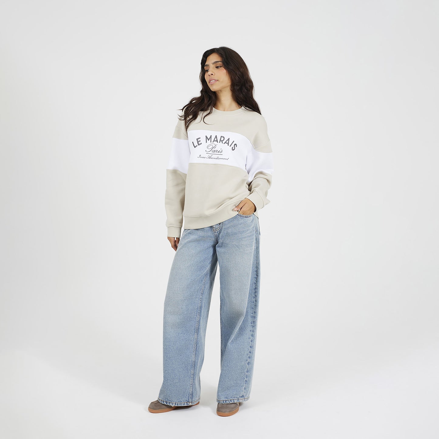 Brave Soul Stone Contrast Stripe Panel Crew Neck Sweatshirt - Stone Image 3