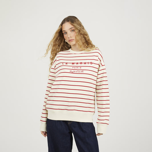 Brave Soul Red Stripe Embroidered Crew Neck Sweatshirt - Red Image 1