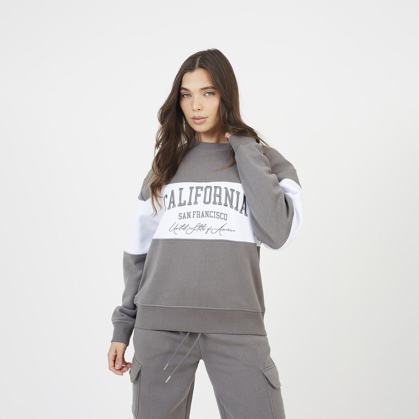 Brave Soul Grey Contrast Stripe Panel Crew Neck Sweatshirt - Grey Image 1