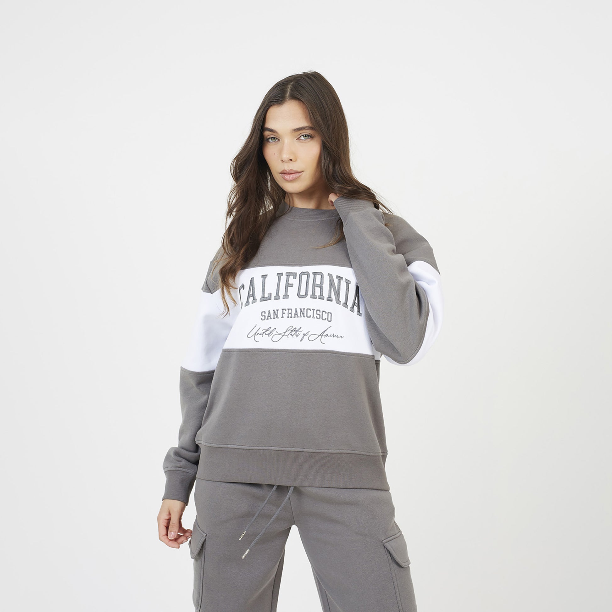 Brave Soul Grey Contrast Stripe Panel Crew Neck Sweatshirt - Grey Image 1