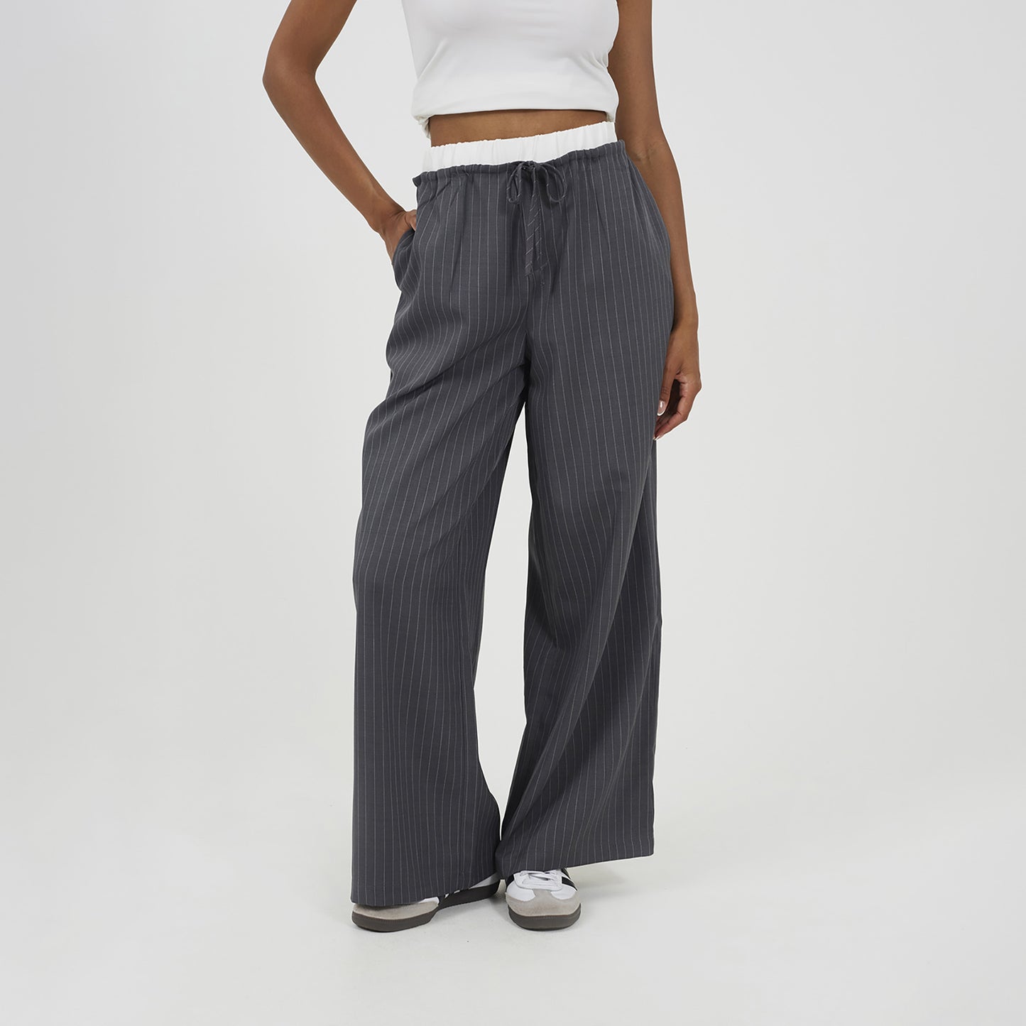 Brave Soul Grey Contrast Waistband Tailored Trousers - Grey Image 1
