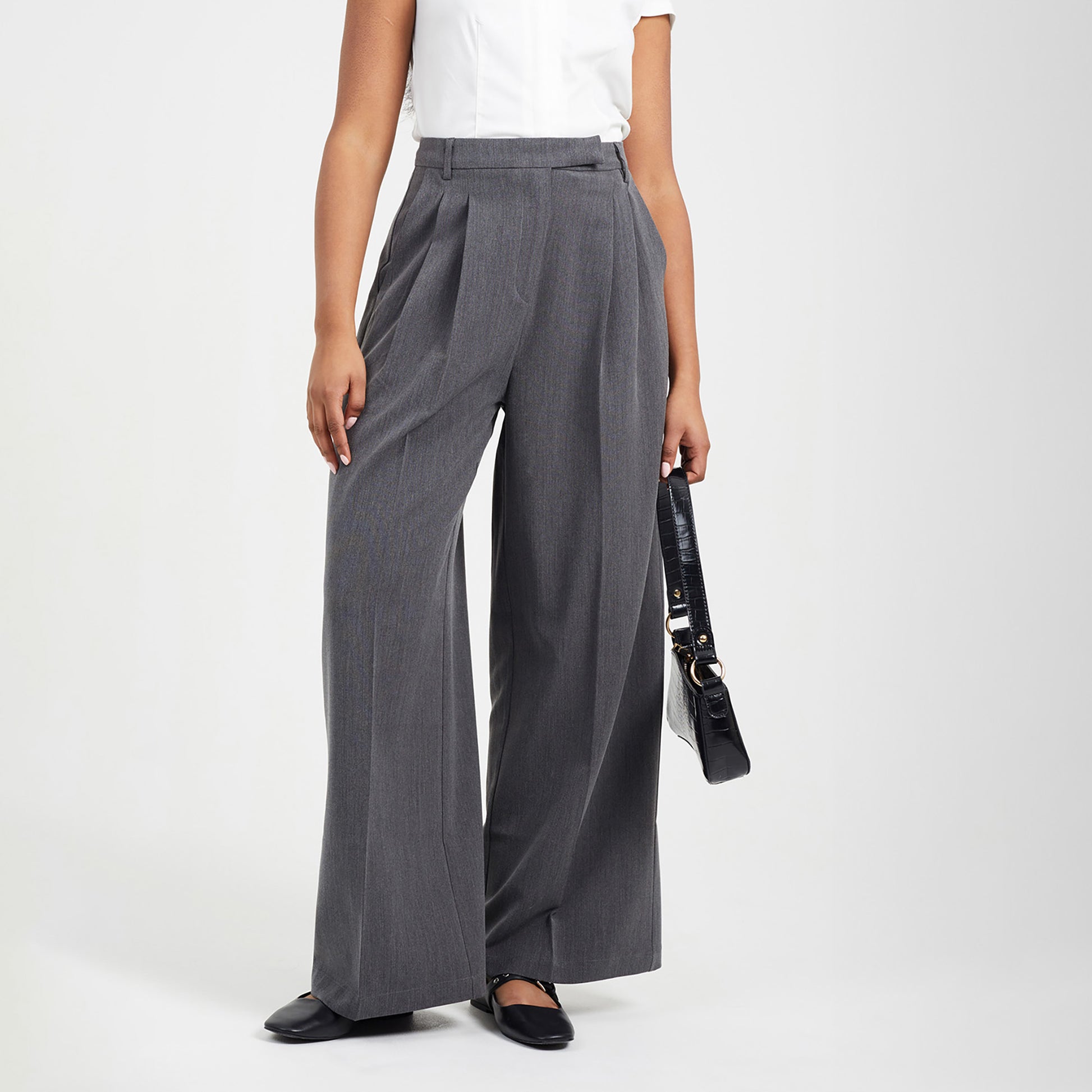 Brave Soul Charcoal Wide Leg Trousers With Pleat Details - Charcoal Image 1