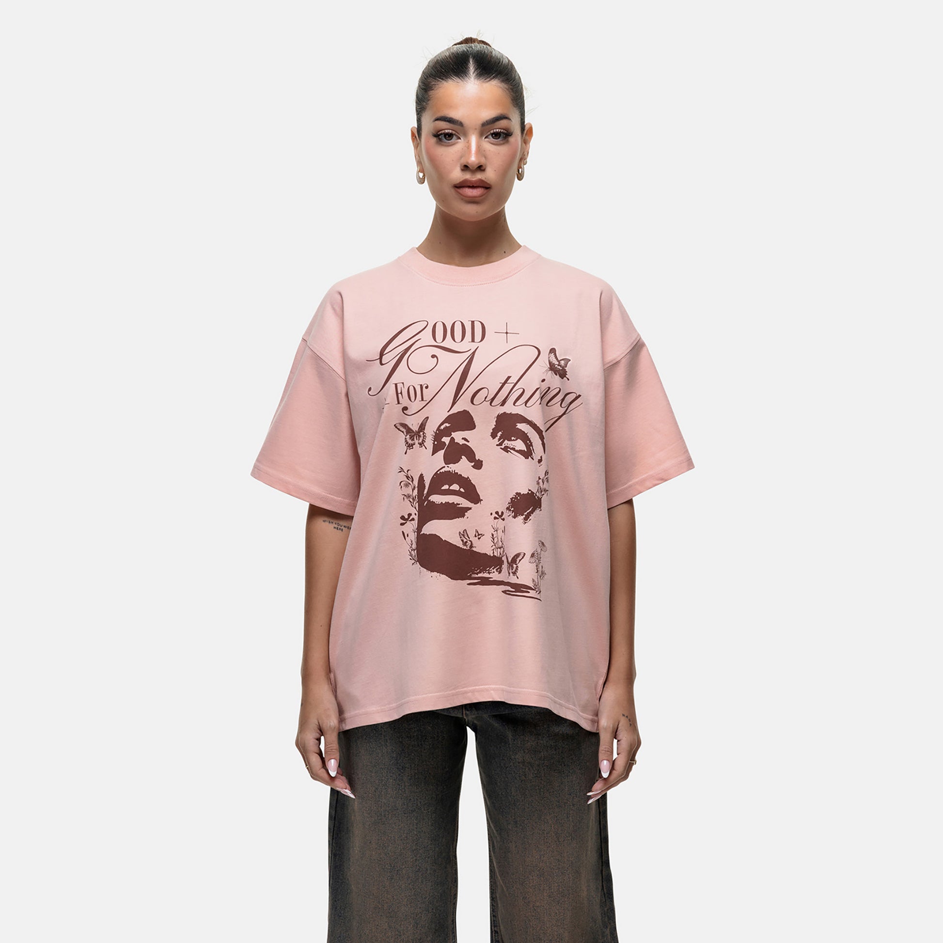 Good For Nothing Pink Graphic Print Oversized T-Shirt - Pink Image 1