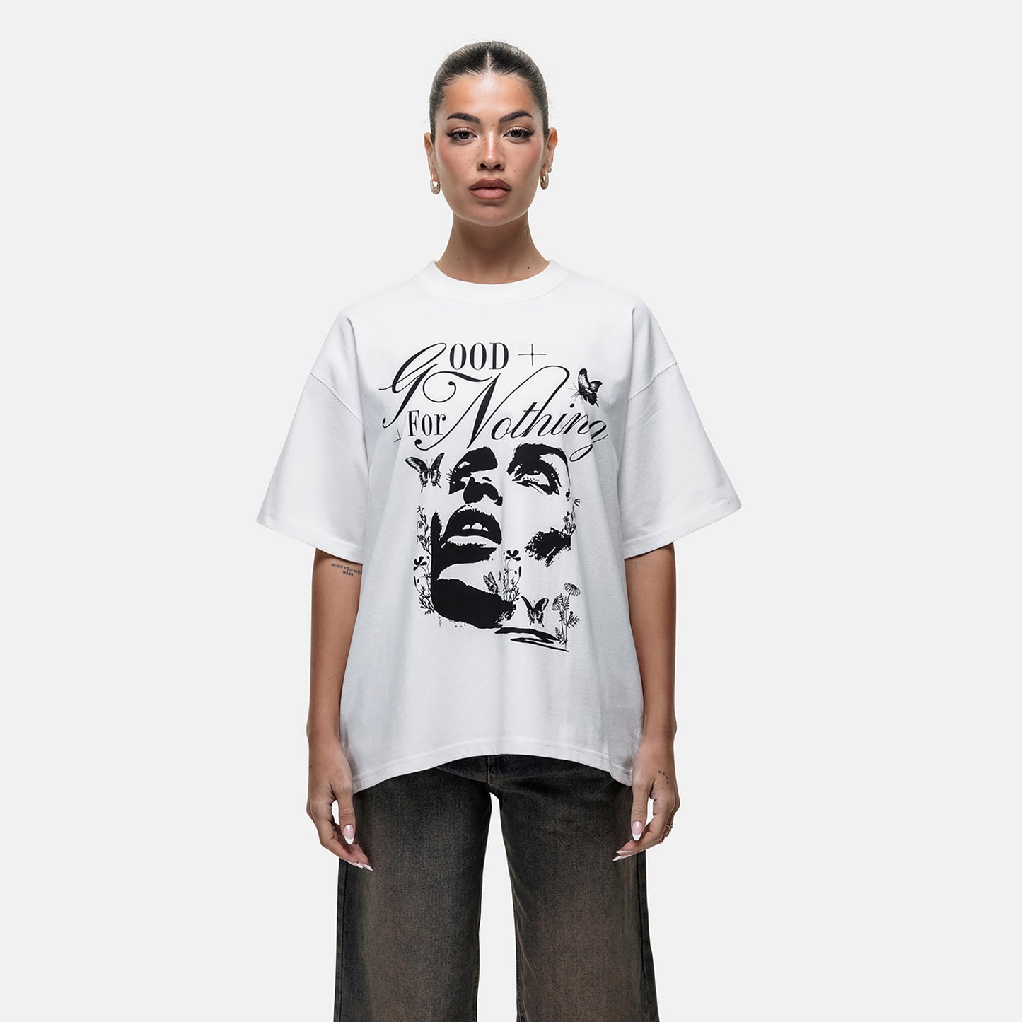 Good For Nothing White Graphic Print Oversized T-Shirt - White Image 4