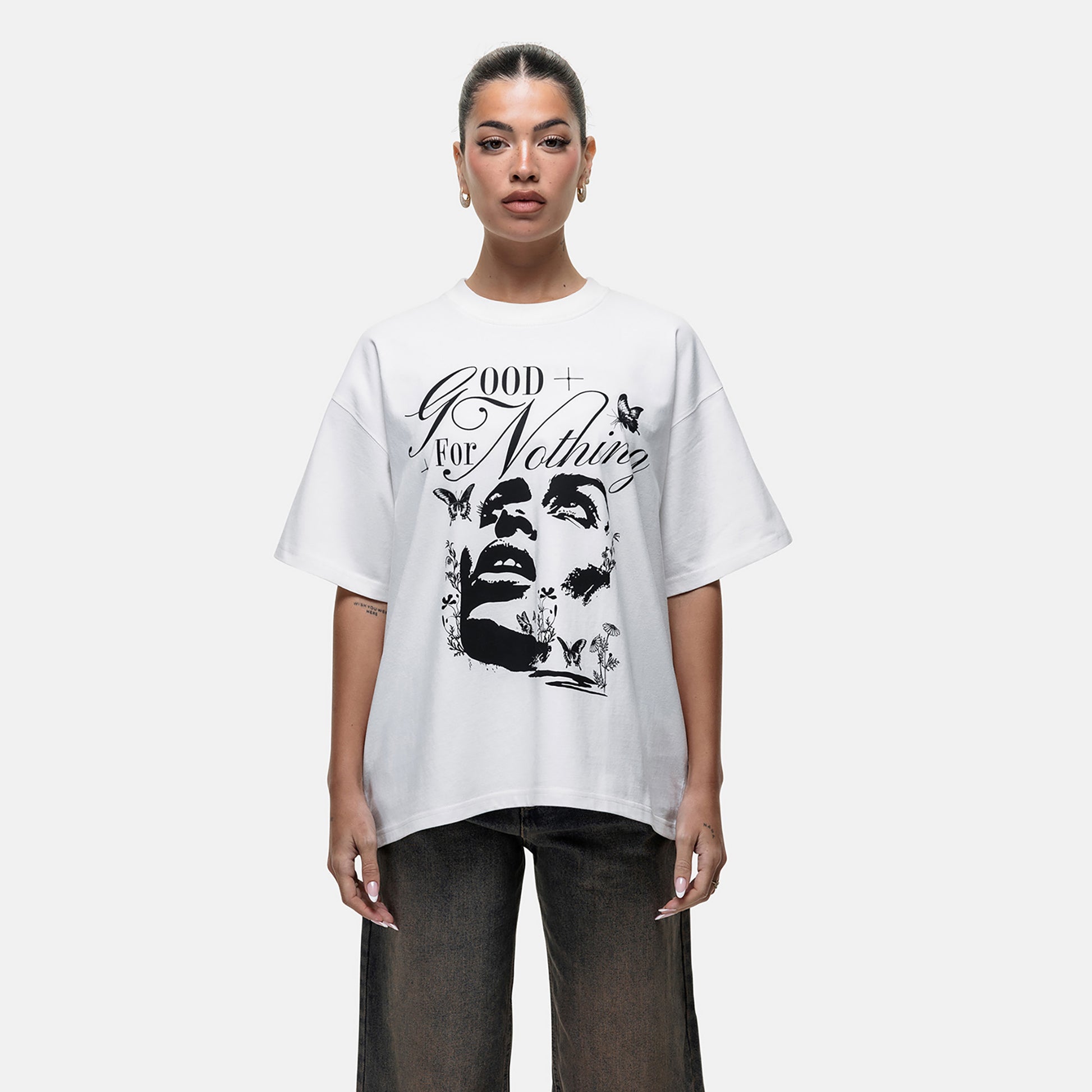 Good For Nothing White Graphic Print Oversized T-Shirt - White Image 4