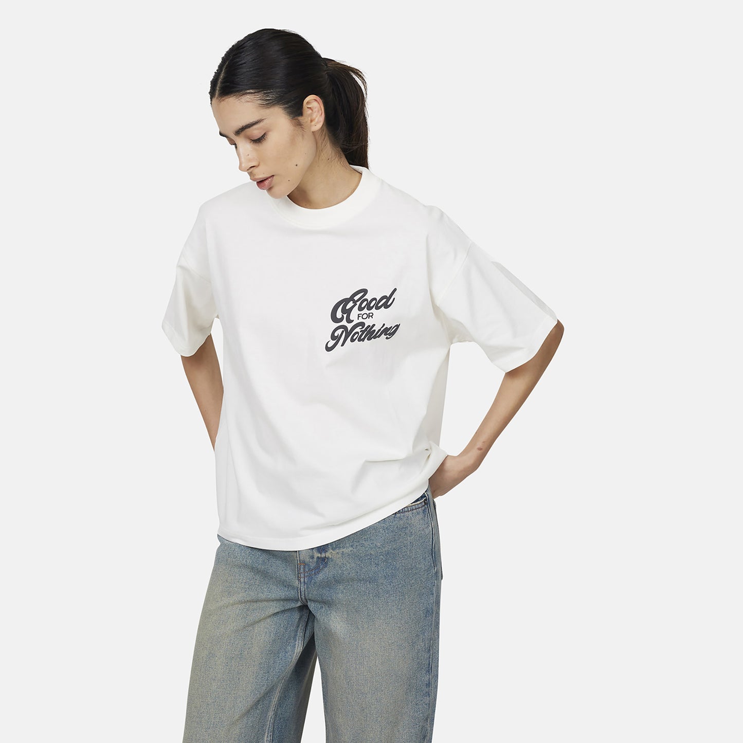 Good For Nothing White Oversized Puff Print T-Shirt - White Image 3