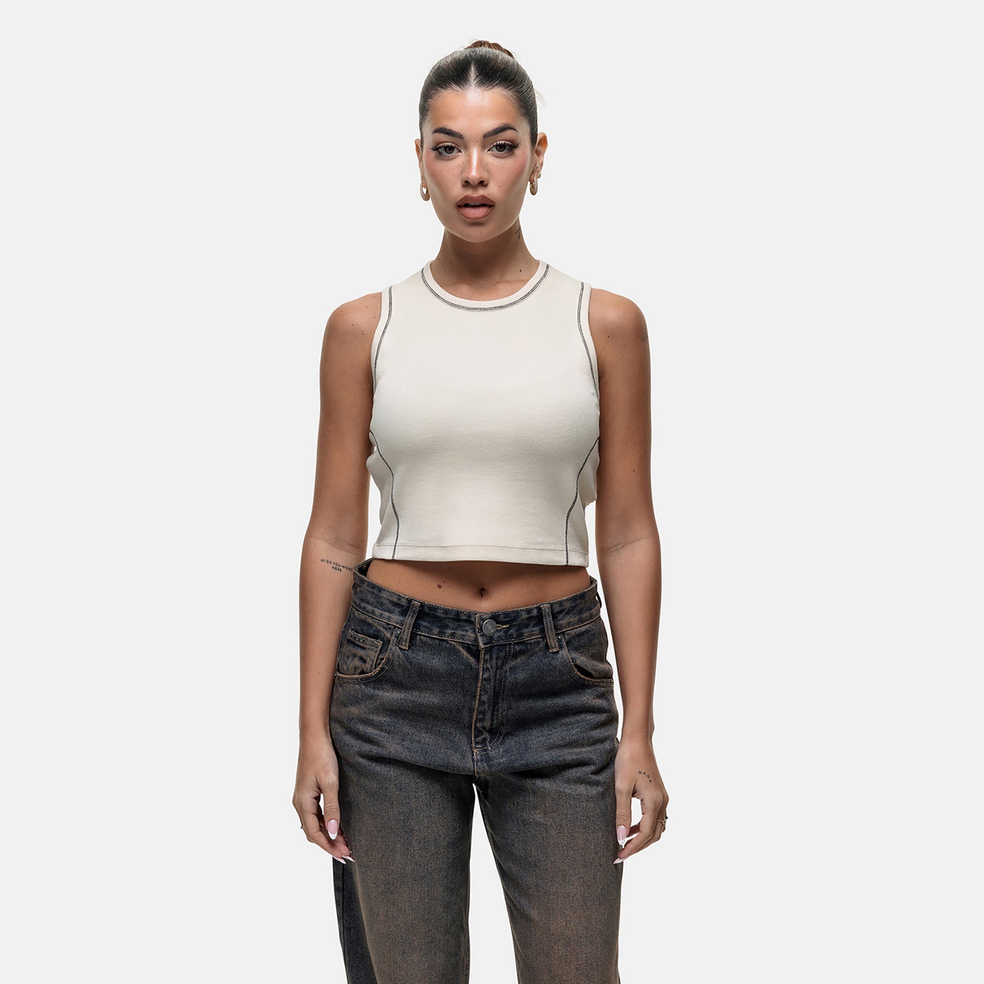 Good For Nothing Cream Stitch Detail Cropped Vest Top - Cream Image 1