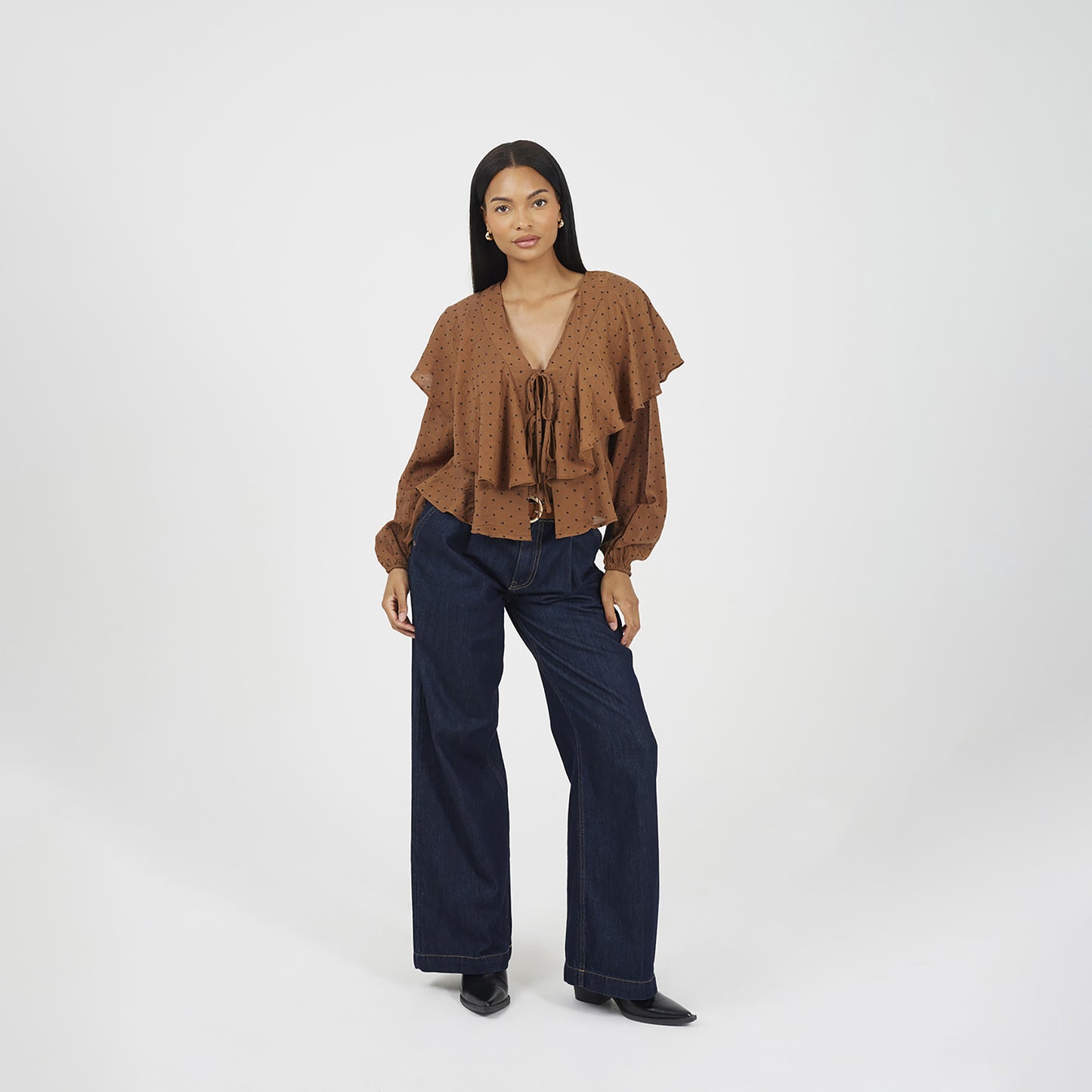 Brave Soul Brown Long Sleeve Top With Frill Detail - Brown Image 3