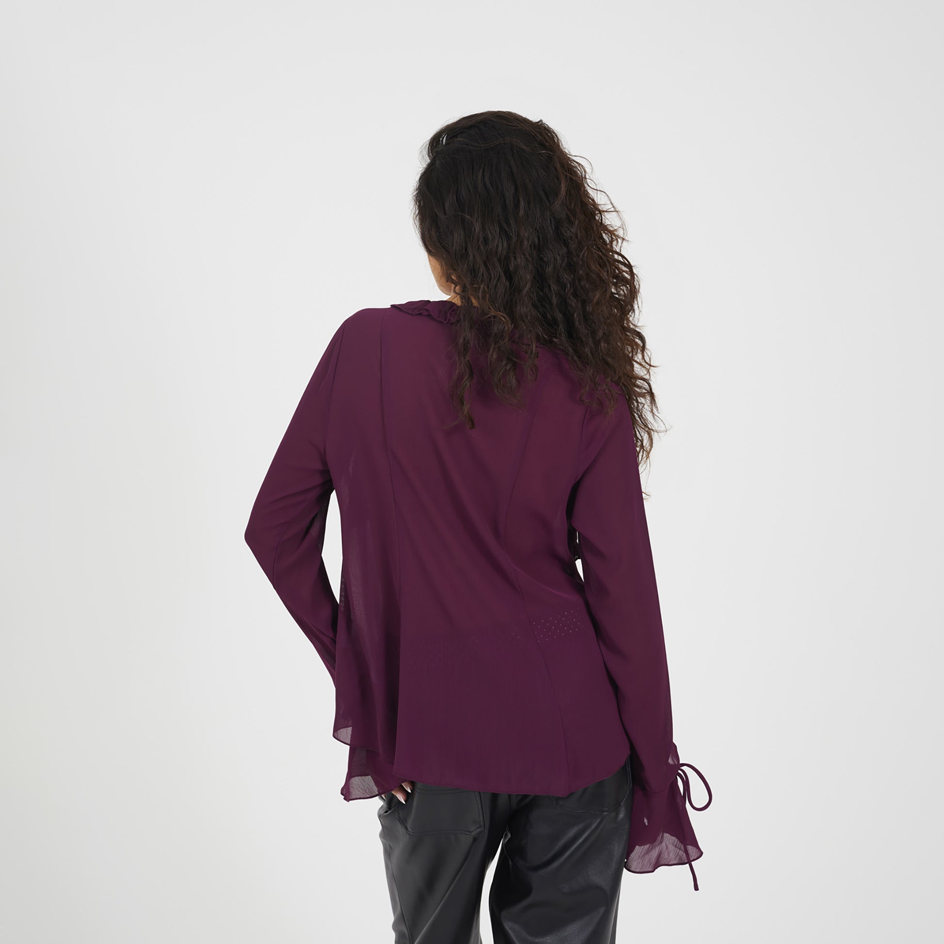 Brave Soul Burgundy Long Sleeve Mesh Ruffle Tie Front Blouse - Burgundy Image 2