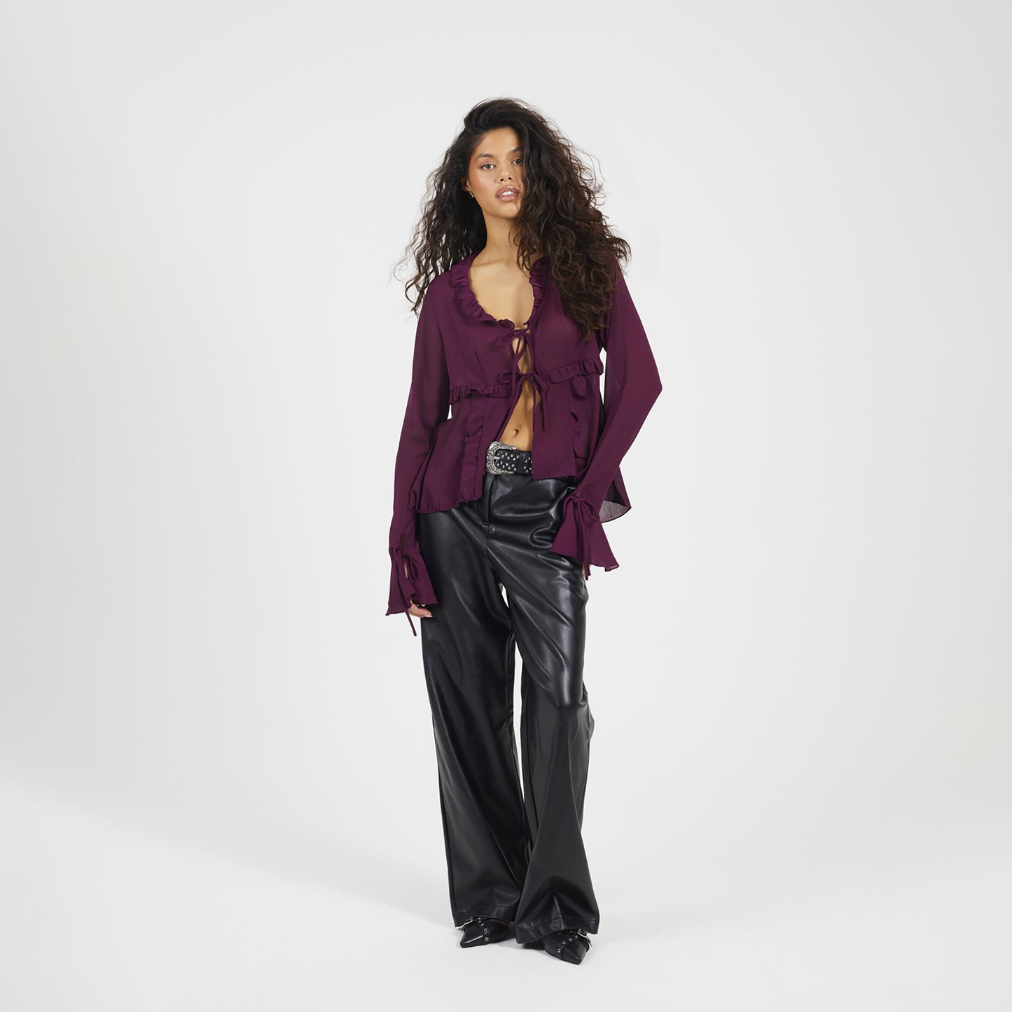 Brave Soul Burgundy Long Sleeve Mesh Ruffle Tie Front Blouse - Burgundy Image 3