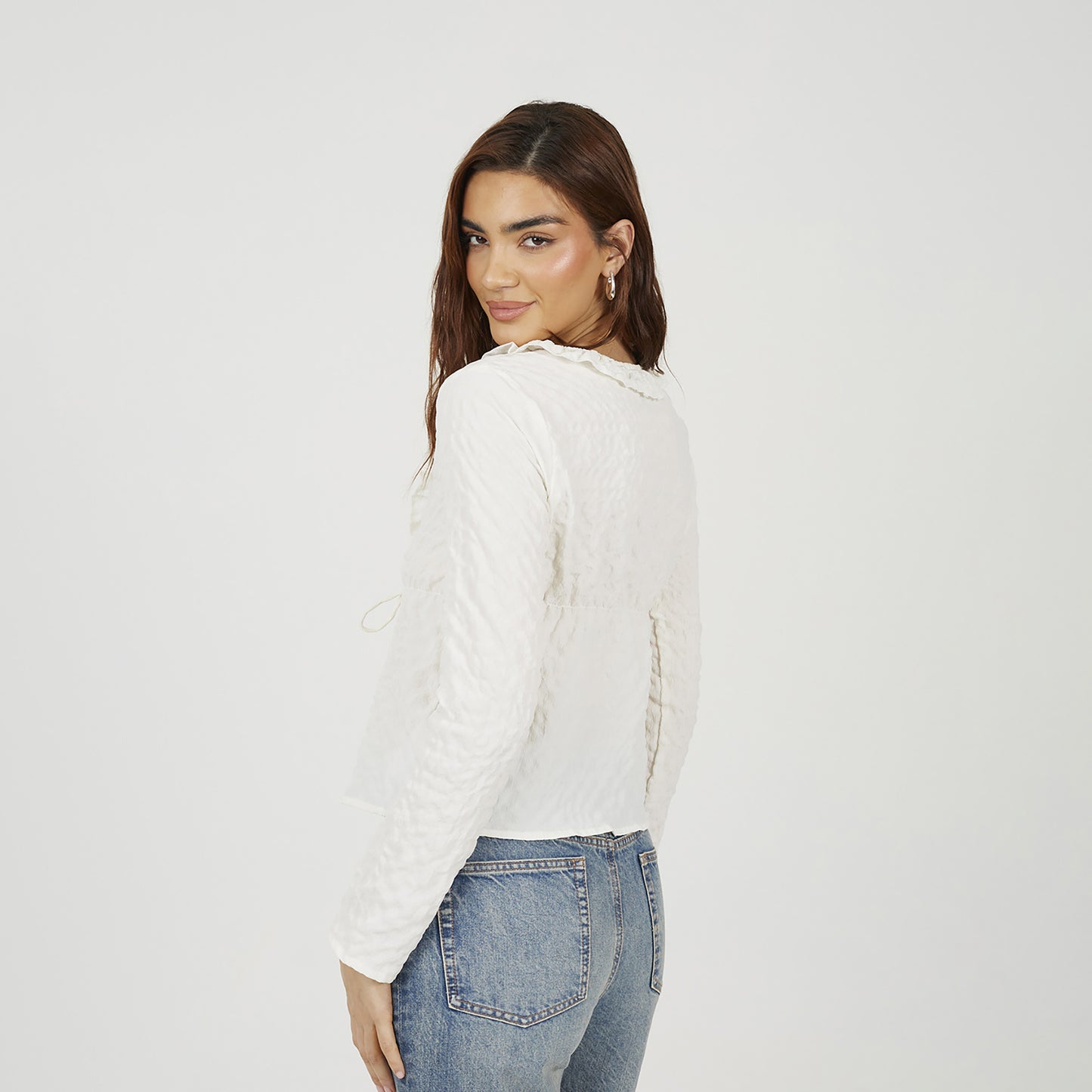 Brave Soul Cream Seersucker Frill Collar Tie Front Blouse - Cream Image 2