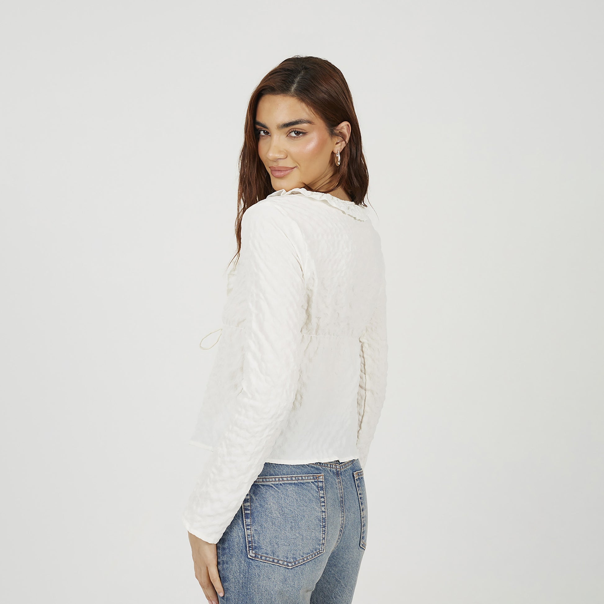 Brave Soul Cream Seersucker Frill Collar Tie Front Blouse - Cream Image 2