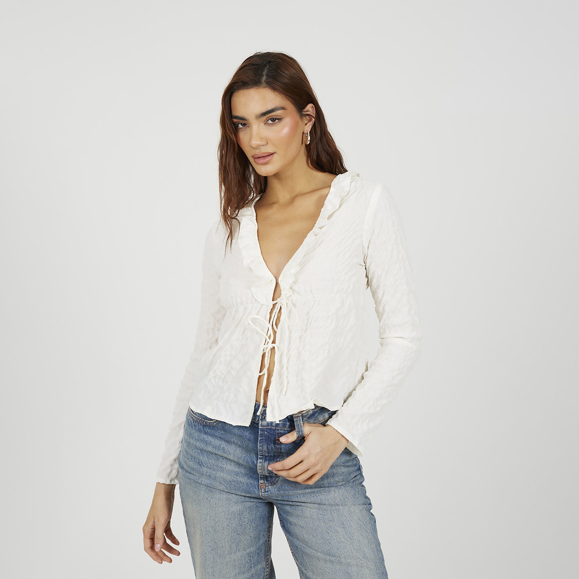 Brave Soul Cream Seersucker Frill Collar Tie Front Blouse - Cream Image 4